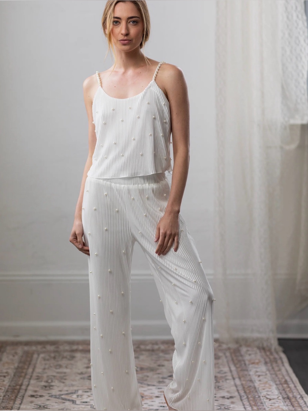 Pleated Pearl-Embellished White Sleep Set